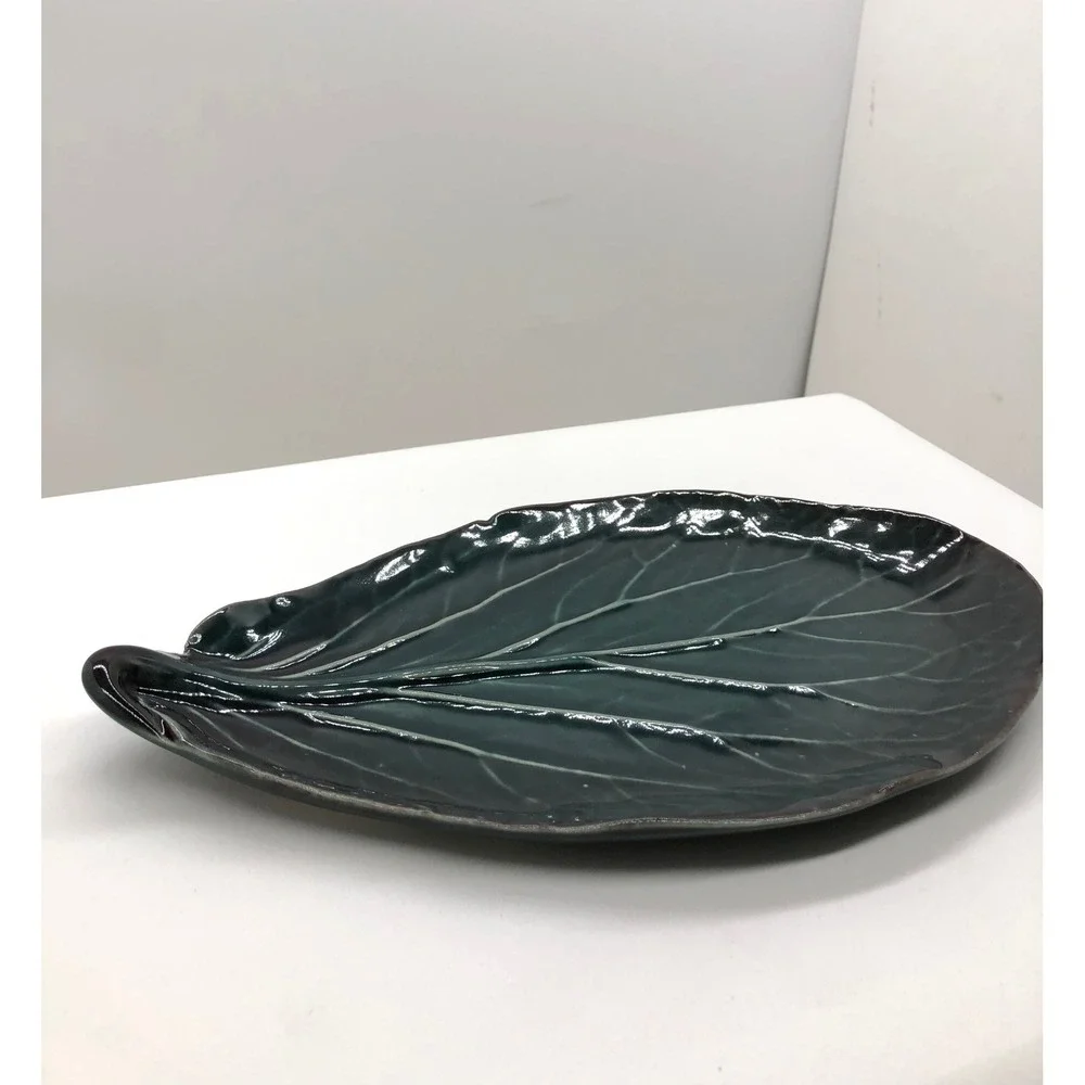 Dark Green Glazed Ceramic‎ Leaf Trinket Dish Botanical Decorative Platter 9 Inch
